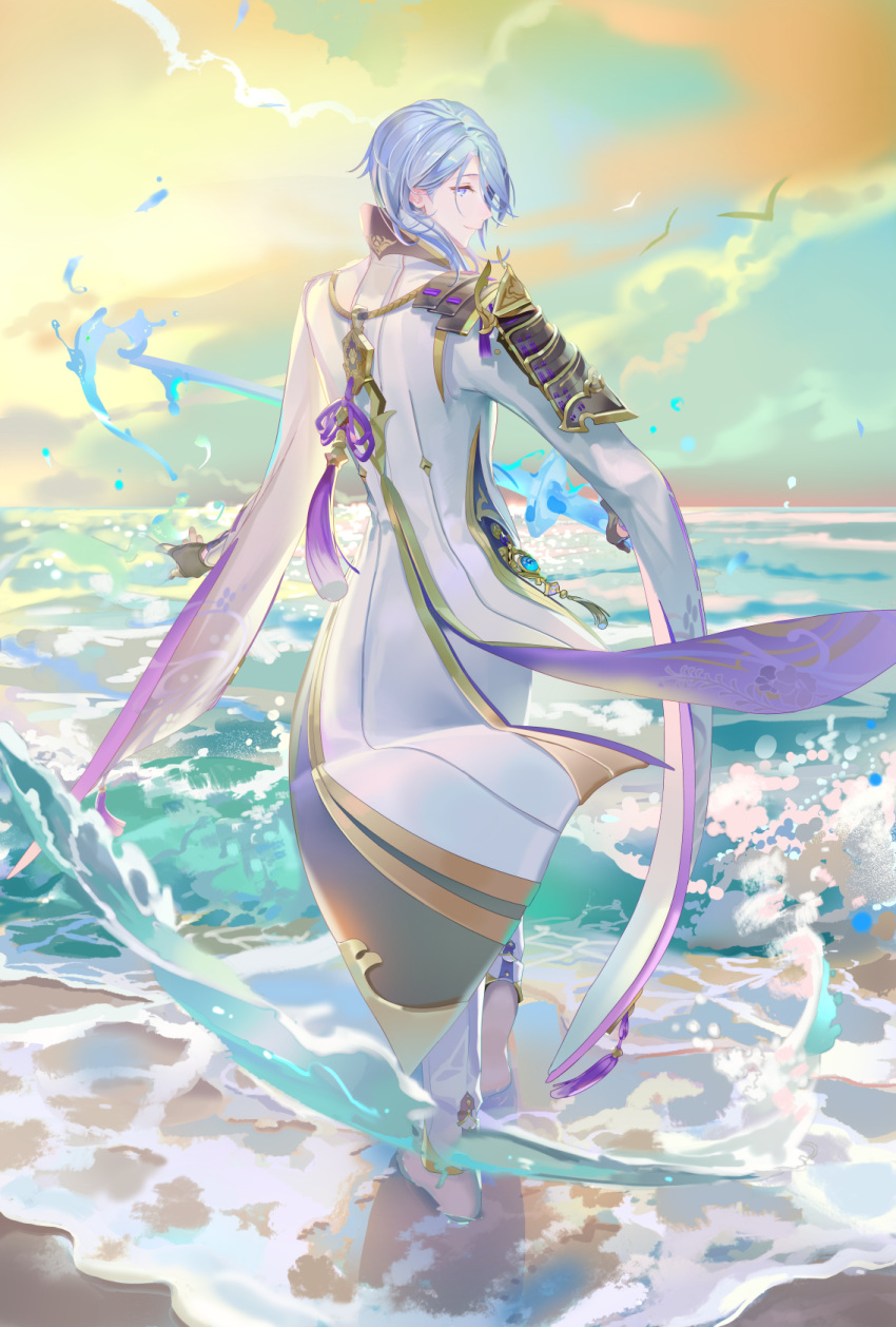 1boy armor bangs beach bird blue_eyes blue_hair closed_mouth cloud genshin_impact hair_between_eyes highres holding holding_sword holding_weapon japanese_armor japanese_clothes kamisato_ayato leenim liquid_weapon looking_at_viewer male_focus ocean outdoors profile sky solo standing sword tassel vision_(genshin_impact) water weapon wide_sleeves