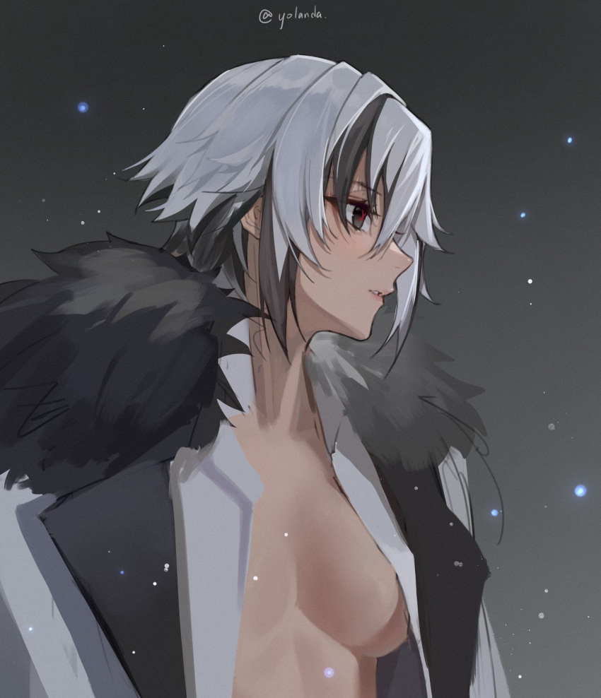 1girl arlecchino_(genshin_impact) artist_name black_coat breasts breasts_apart coat collared_shirt film_grain from_side fur_collar genshin_impact grey_eyes grey_hair grey_theme hair_between_eyes hair_over_one_eye highres lapels looking_to_the_side multicolored_hair night night_sky open_clothes open_coat open_shirt outdoors parted_lips profile shirt short_hair sidelocks sketch sky small_breasts solo star_(sky) streaked_hair symbol-shaped_pupils teeth white_coat white_hair white_shirt x-shaped_pupils yolanda