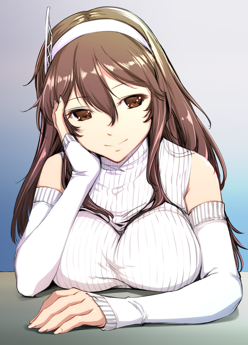 1girl alternate_costume arm_rest ashigara_(kancolle) ashigara_kai_ni_(kancolle) breasts brown_eyes brown_hair detached_sleeves hairband hand_on_own_cheek hand_on_own_face highres kantai_collection kawamura_tsukasa large_breasts long_hair long_sleeves smile solo sweater upper_body wavy_hair white_hairband white_sleeves white_sweater