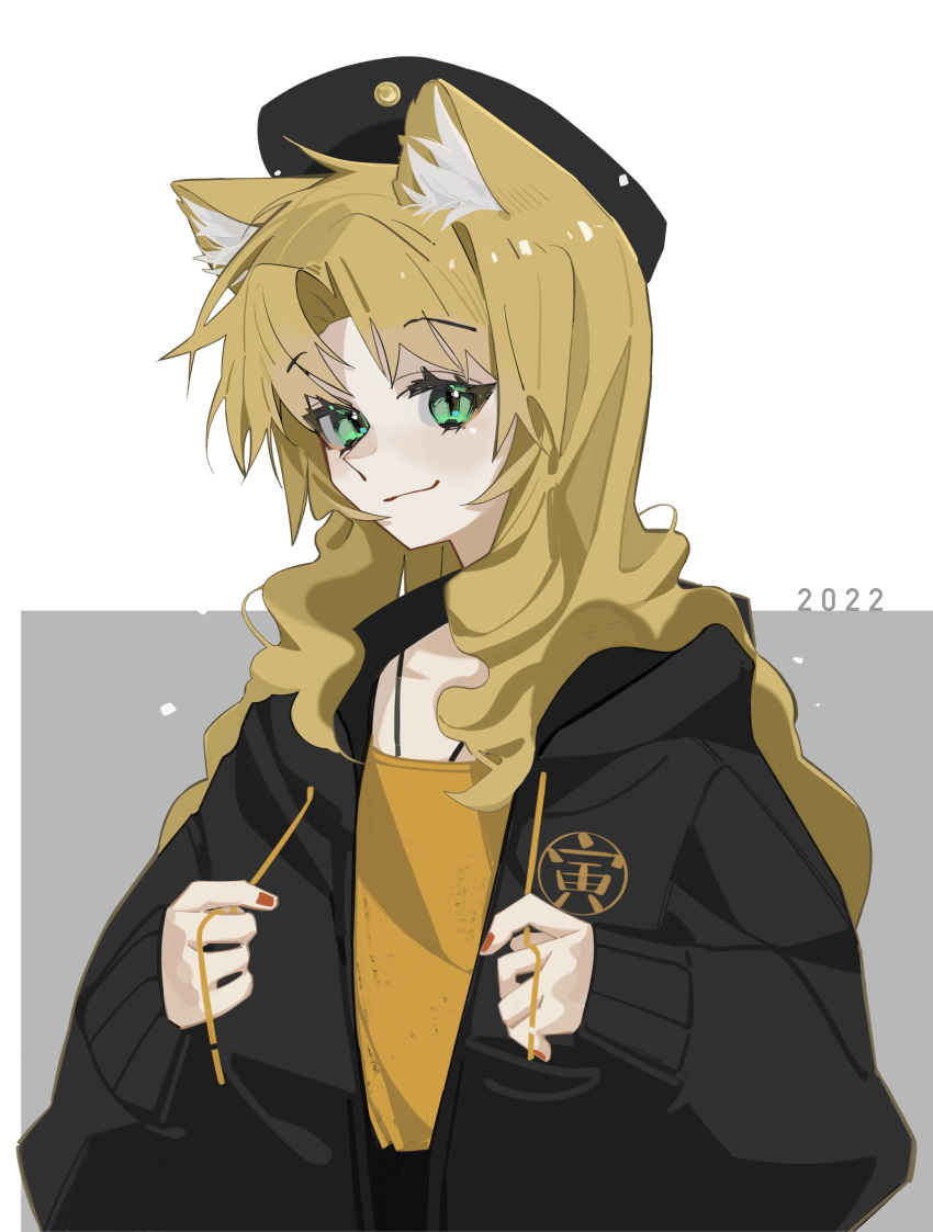 1girl 2022 absurdres animal_ears arknights beret black_cardigan black_headwear black_jacket cardigan drawstring green_eyes grey_background hat highres jacket lihuashuangxiang long_hair looking_at_viewer open_cardigan open_clothes open_jacket orange_hair orange_shirt red_nails shirt simple_background smile solo swire_(arknights) tiger_ears tiger_girl two-tone_background upper_body wavy_hair white_background