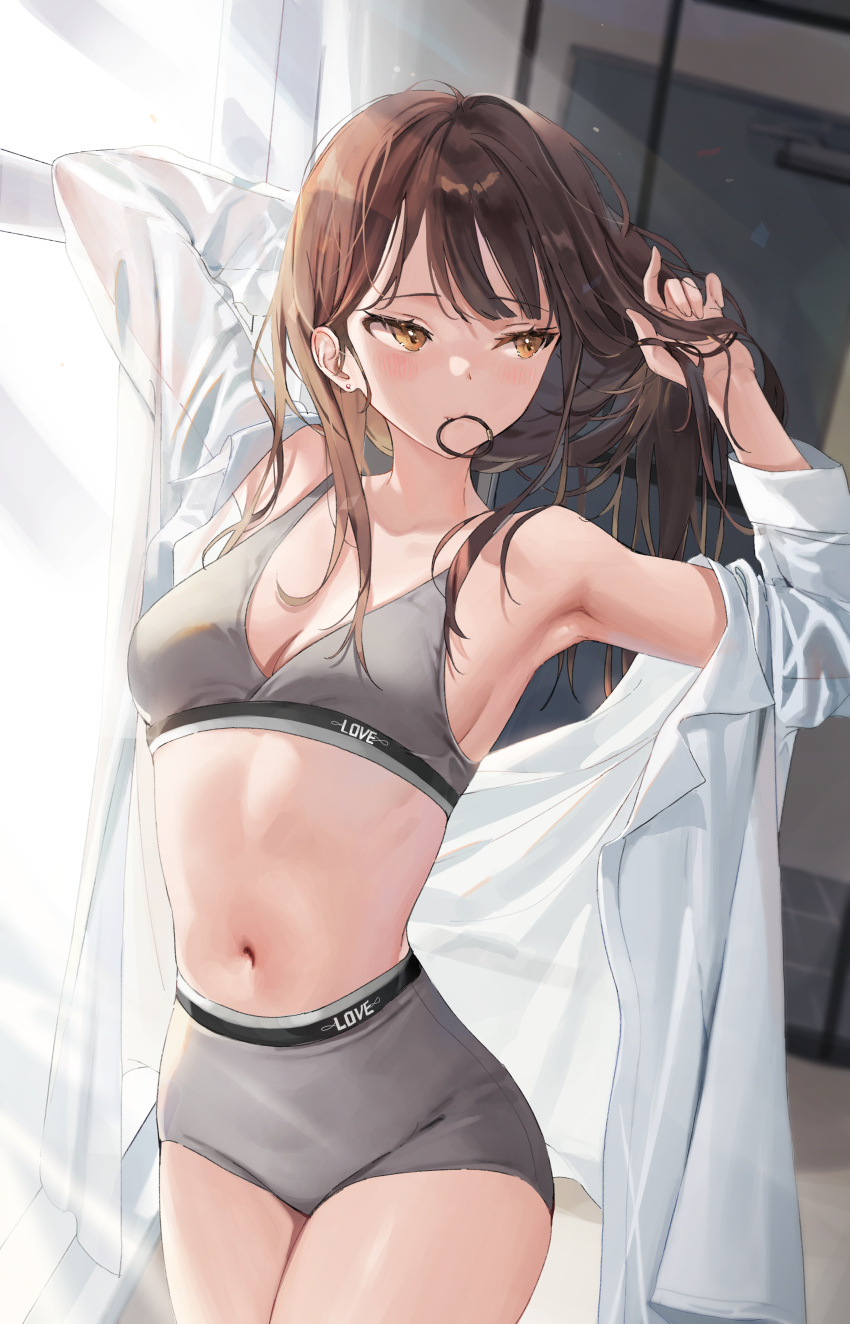 1girl absurdres armpits arms_up bare_shoulders bra breasts brown_hair cowboy_shot earrings emyo grey_shorts grey_sports_bra hair_tie_in_mouth highres holding holding_hair jewelry long_hair long_sleeves looking_away medium_breasts mouth_hold navel off_shoulder open_clothes open_shirt orange_eyes original shirt short_shorts shorts solo sports_bra standing stomach stud_earrings thighs tying_hair underwear white_shirt