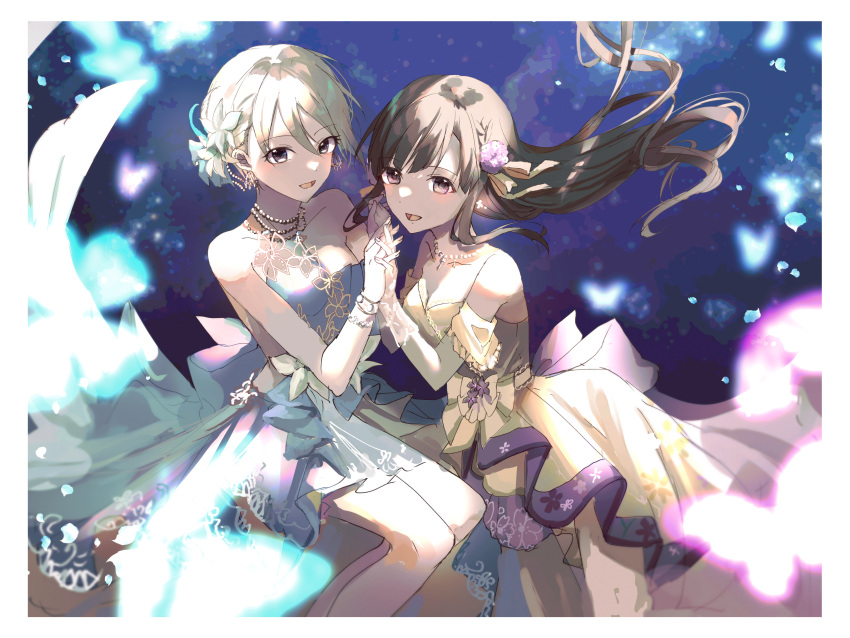 2girls absurdres black_hair bug butterfly collarbone dress falling_petals flower glowing_butterfly grey_hair hagoromo_komachi_(idolmaster) hair_flower hair_ornament highres holding_hands idolmaster idolmaster_cinderella_girls interlocked_fingers kobayakawa_sae looking_at_viewer multiple_girls off-shoulder_dress off_shoulder petals shiomi_syuko sleeveless sleeveless_dress smile wasabi_(dione)