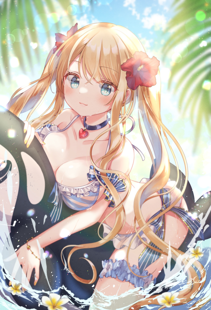 1girl :3 absurdres arm_garter bare_shoulders bikini black_choker blonde_hair blue_eyes bracelet breasts bridal_garter choker cleavage collarbone emori_miku_project emu_alice flower frilled_bikini frills gomano_rio hair_flower hair_ornament heart hibiscus highres inflatable_orca inflatable_toy jewelry large_breasts long_hair looking_at_viewer side-tie_bikini smile solo striped striped_bikini swimsuit twintails very_long_hair water wet