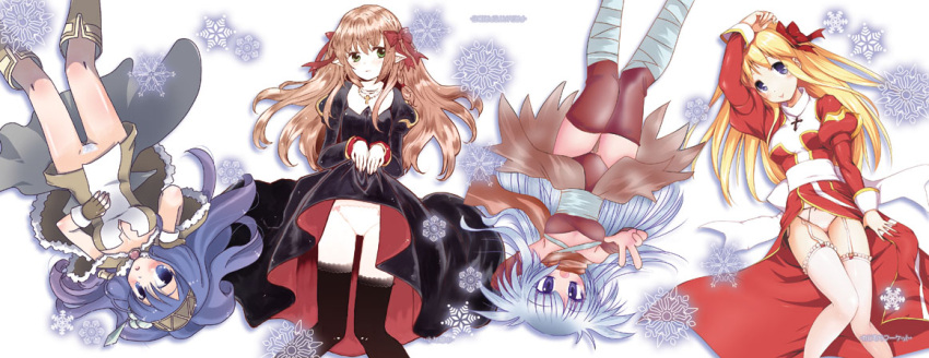 4girls assassin_(ragnarok_online) bangs black_dress black_thighhighs blonde_hair blue_eyes blue_hair boots bow breasts brown_cape brown_dress brown_footwear brown_gloves brown_hair brown_leotard brown_thighhighs cape cleavage closed_mouth clothes_lift collaboration commentary_request cross cross_necklace dress dress_lift feet_out_of_frame fur-trimmed_cape fur_trim garter_straps gloves green_eyes habit hair_between_eyes hair_bow hatomugi_munmun high_priest_(ragnarok_online) high_wizard_(ragnarok_online) jewelry juliet_sleeves layered_dress leotard long_hair long_sleeves maebari mariya_(private_pride) medium_breasts multiple_girls murasaki_kajima necklace okosama_lunch_(sendan) open_mouth panties pointy_ears priest_(ragnarok_online) puffy_sleeves purple_eyes ragnarok_online red_bow red_dress sash short_dress small_breasts smile snowflakes strapless strapless_dress thighhighs two-tone_dress underwear w waist_cape white_dress white_hair white_panties white_sash white_thighhighs