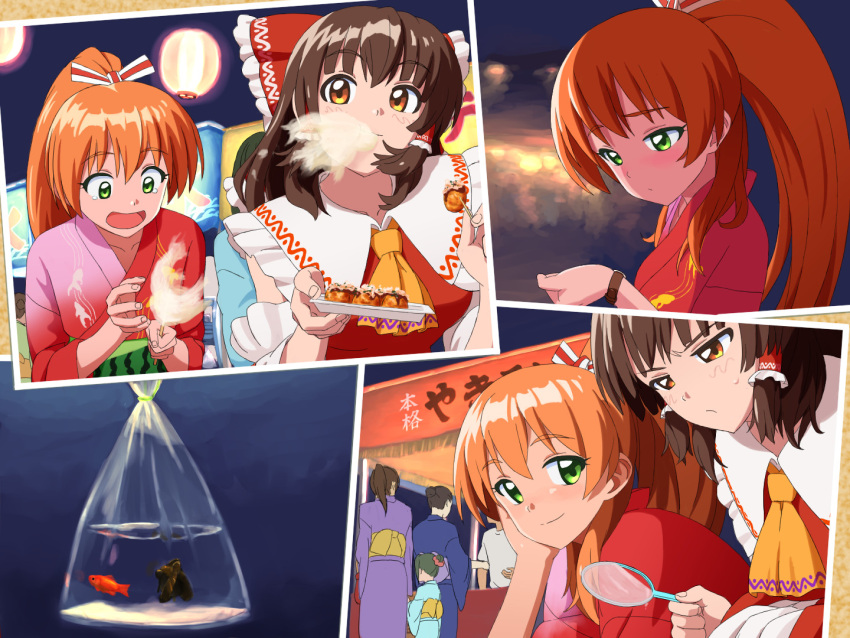 4joukioto 5girls akai_homura ascot bangs bow brown_eyes brown_hair closed_mouth collared_shirt commentary_request cookie_(touhou) cotton_candy crossover detached_sleeves eating fish food frilled_bow frilled_hair_tubes frilled_shirt_collar frills goldfish goldfish_scooping green_eyes hair_bow hair_tubes hakurei_reimu japanese_clothes kanna_(cookie) kimono long_hair multiple_girls open_mouth orange_hair photo_(object) pink_kimono ponytail red_bow red_shirt shirt sidelocks sleeveless sleeveless_shirt smile takoyaki tokimeki_memorial tokimeki_memorial_2 touhou upper_body watch white_sleeves wristwatch yellow_ascot yukata