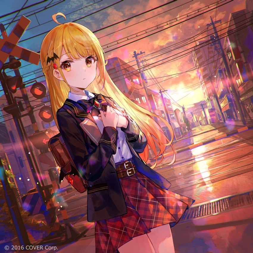 1girl ahoge backlighting backpack bag belt black_jacket blazer blonde_hair bow bowtie braid brooch building cityscape cloud fuzichoco hair_ornament hands_on_own_chest highres hololive jacket jewelry long_hair long_sleeves looking_at_viewer multiple_belts official_art open_clothes open_jacket orange_eyes outdoors parted_lips plaid plaid_skirt pleated_skirt railroad_crossing red_skirt scenery school_uniform shirt skirt solo standing sunlight sunset virtual_youtuber watermark white_shirt yozora_mel