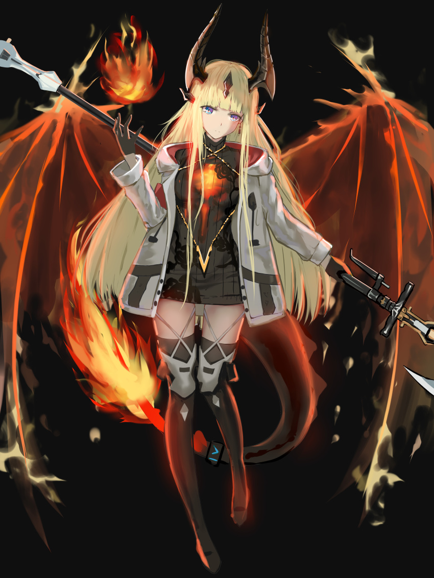 1girl absurdres arknights black_background black_gloves black_sweater black_thighhighs blue_eyes diamond-shaped_pupils diamond_(shape) dragon_girl dragon_horns dragon_tail earrings fiery_wings fire flame-tipped_tail full_body gloves hand_up highres holding holding_polearm holding_weapon hood hood_down hooded_jacket horns huijin_zhi_ling infection_monitor_(arknights) jacket jewelry long_sleeves open_clothes open_jacket polearm reed_(arknights) ribbed_sweater simple_background solo sweater symbol-shaped_pupils tail thighhighs weapon weapon_behind_back white_jacket wings