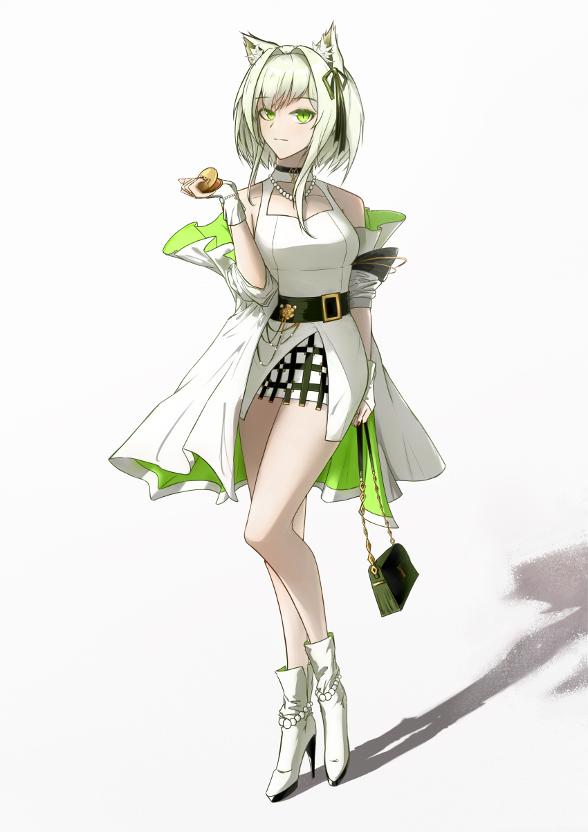 1girl absurdres animal_ears arknights bag bare_shoulders bead_anklet bead_bracelet bead_necklace beads black_choker black_gloves black_ribbon boots bracelet breasts cat_ears choker commentary compact_(cosmetics) dress english_commentary fingerless_gloves full_body gloves green_bag green_eyes green_hair hair_ribbon handbag high_heel_boots high_heels highres holding holding_bag jacket jewelry kal'tsit_(arknights) medium_breasts necklace open_clothes open_jacket ribbon rich_wang shadow short_hair simple_background solo standing two-sided_fabric two-sided_jacket white_background white_dress white_jacket