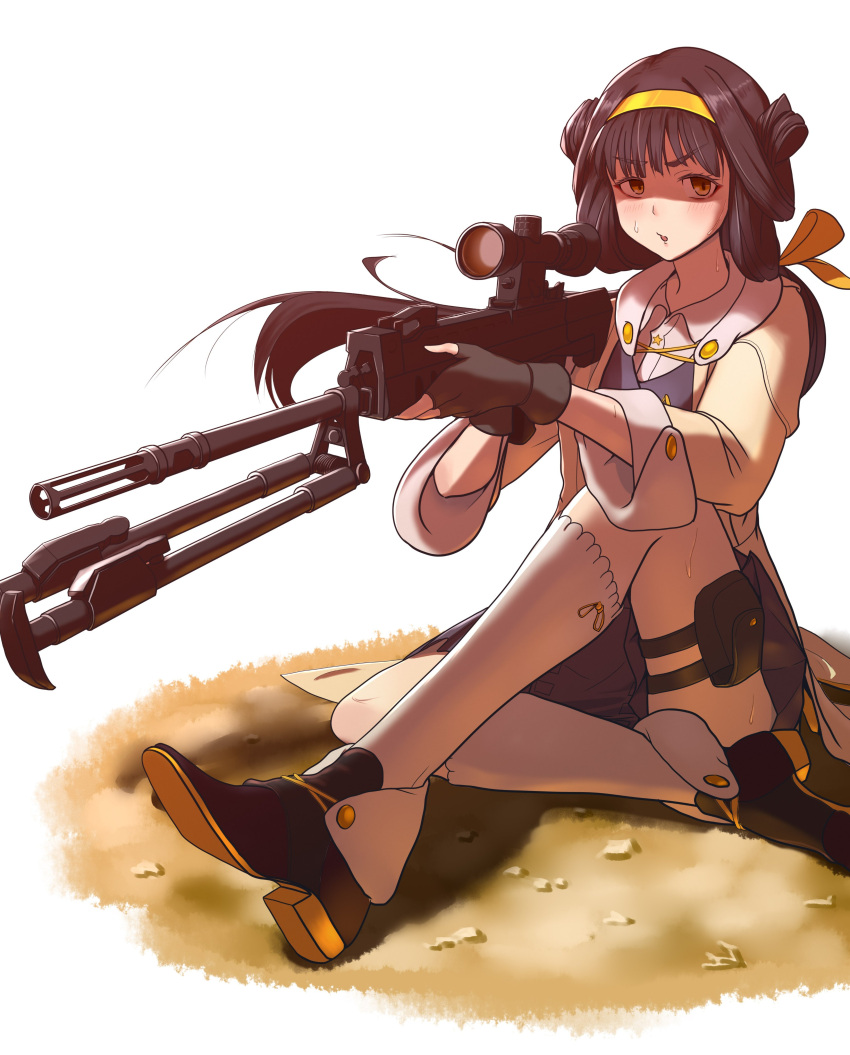 1girl :o absurdres bangs black_footwear black_gloves black_hair blush brown_eyes coat english_commentary fingerless_gloves full_body girls'_frontline gloves gun hair_ribbon hairband hassan_(diaoyagld) highres holding holding_gun holding_weapon long_hair looking_at_viewer on_floor open_clothes open_coat open_mouth qbu-88 qbu-88_(girls'_frontline) ribbon rifle shoes simple_background sniper_rifle solo sweat thigh_pouch thighhighs weapon white_thighhighs yellow_coat yellow_hairband yellow_ribbon