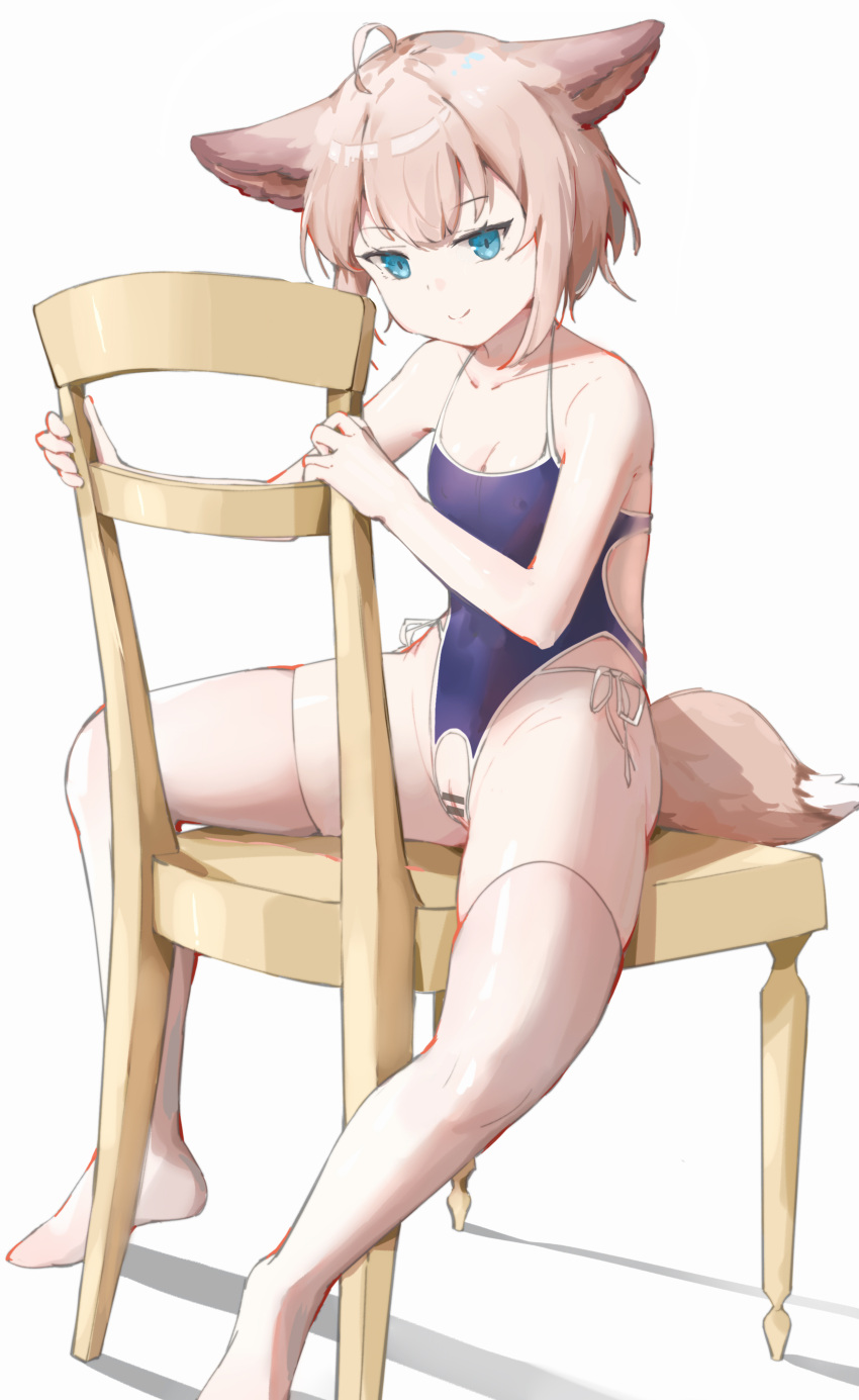 1girl absurdres ahoge animal_ears arknights bar_censor blue_eyes blue_swimsuit breasts brown_hair censored chair cleavage crotchless crotchless_swimsuit fox_ears fox_tail full_body highres looking_at_viewer pussy shin_maboroshi short_hair simple_background sitting small_breasts smile solo spread_legs sussurro_(arknights) swimsuit tail thighhighs white_background white_thighhighs