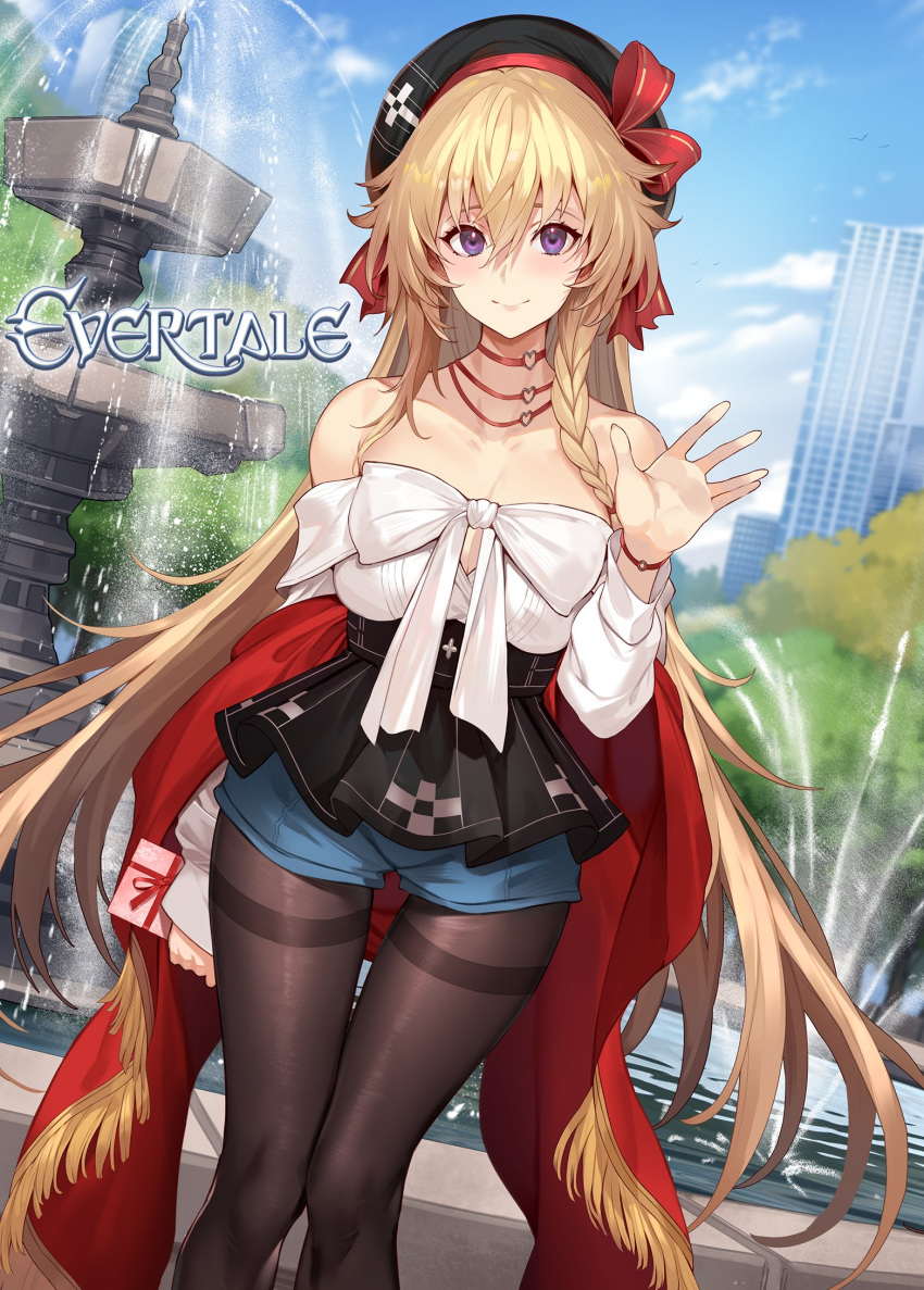 1girl arm_at_side bangs black_headwear blonde_hair blue_shorts braid closed_mouth copyright_name day dutch_angle evertale feet_out_of_frame fountain hair_between_eyes hand_up hat highres jeanne_d'arc_(evertale) kakage long_hair long_sleeves looking_at_viewer off_shoulder official_art pantyhose purple_eyes short_shorts shorts smile solo standing thigh_gap
