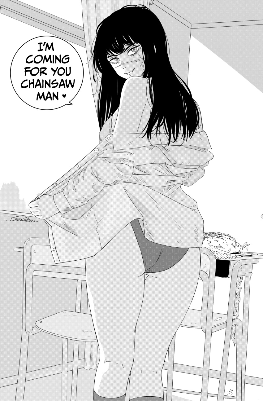 1girl absurdres ass bird breasts chainsaw_man curtains desk dismaiden english_text from_behind greyscale highres looking_back medium_breasts mitaka_asa monochrome open_clothes open_shirt panties ringed_eyes scar scar_on_cheek scar_on_face school_desk signature smile solo underwear window