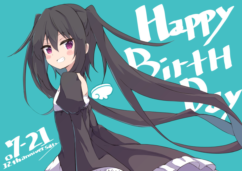 1girl absurdres amano_kouki anniversary bangs black_dress black_hair blue_background blush_stickers commentary_request dated dress floating_hair from_side grin hair_between_eyes happy_birthday highres juliet_sleeves long_hair long_sleeves looking_at_viewer looking_to_the_side note-chan original puffy_sleeves purple_eyes simple_background smile solo twintails very_long_hair