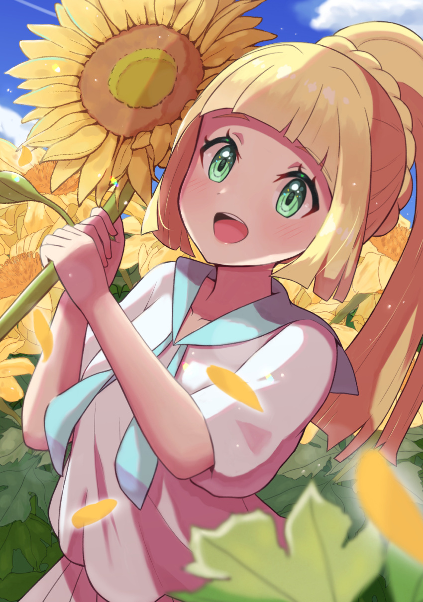 1girl blonde_hair blush braid cloud collarbone commentary_request day eyelashes falling_petals flower french_braid genkigamichiru green_eyes hands_up high_ponytail highres holding holding_flower leaf lillie_(pokemon) long_hair open_mouth outdoors petals pleated_skirt pokemon pokemon_(game) pokemon_sm shirt short_sleeves skirt sky smile solo summer sunflower teeth tongue upper_teeth white_shirt white_skirt