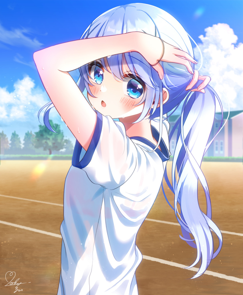 1girl :o alternate_hairstyle arms_up blue_eyes blue_sky blush bra_visible_through_clothes cloud commentary day gochuumon_wa_usagi_desu_ka? gym_shirt hair_tie highres kafuu_chino light_blue_hair looking_at_viewer mozukun43 open_mouth outdoors ponytail see-through shirt short_sleeves signature sky solo sweat tying_hair