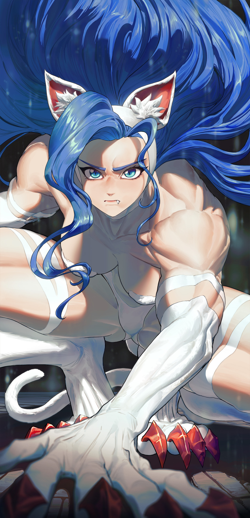 1girl absurdres animal_ears animal_hands big_hair blue_eyes blue_hair blurry capcom cat_ears cat_girl cat_tail claws depth_of_field fang felicia_(vampire) foreshortening fur ghdwid highres looking_at_viewer muscular muscular_female slit_pupils solo tail vampire_(game) white_fur