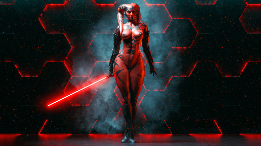 3d_(artwork) abs alien alien_humanoid areola armwear big_breasts boots breasts clothing darth_talon digital_media_(artwork) el-recondite elbow_gloves female footwear genitals gloves handwear hi_res humanoid lekku_(anatomy) lightsaber lips melee_weapon montgomery_glands muscular muscular_female nipples not_furry nude pseudo_hair pussy red_body red_skin sith sith_lord solo star_wars tentacles thick_thighs twi'lek weapon wide_hips