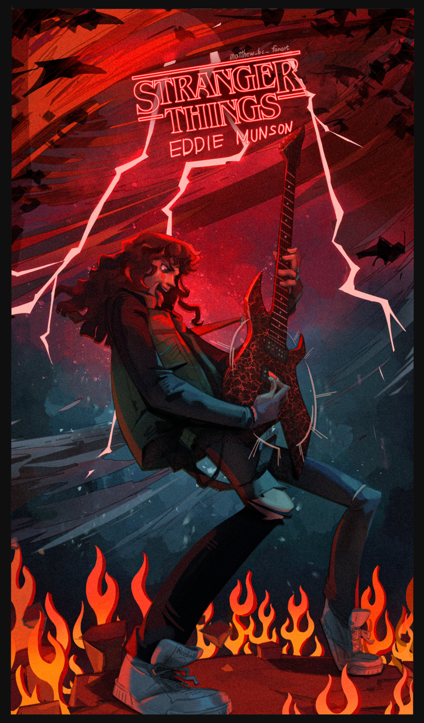 1boy absurdres alien animification eddie_munson electric_guitar electricity english_commentary fire flying guitar heavy_metal highres instrument jacket lightning logo metallica monster music netflix playing_instrument ponytail_(artist) science_fiction shoes sneakers spoilers stranger_things tail