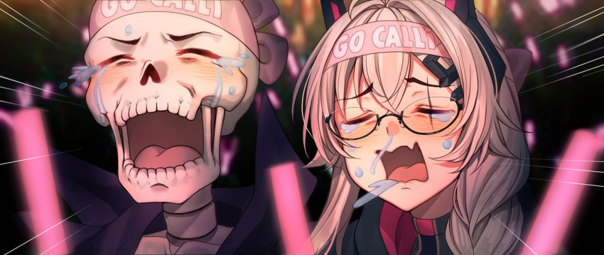 1girl 1other blush cheering closed_eyes crying deadbeat_(calliope_mori) furrowed_brow glowstick grey_hair headband holding holding_glowstick hololive hololive_english indie_virtual_youtuber meme oota_kuniyoshi_face_(meme) open_mouth runny_nose saruei saruei_(vtuber) scar scar_across_eye skeleton snot wake_up_girls!