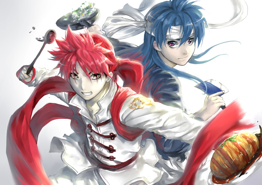 2boys absurdres bandana blue_hair blue_shirt chuuka_ichiban! cosplay costume_switch crossover flipping_food floating_clothes floating_hair food frying_pan hair_between_eyes hair_down hair_over_eyes headband highres holding holding_frying_pan holding_knife holding_ladle holding_plate kitchen_knife knife ladle liu_mao_xing liu_mao_xing_(cosplay) looking_at_viewer male_focus mewpor123 multiple_boys outstretched_arms pants plate purple_eyes red_headwear red_vest sash sauce shirt shokugeki_no_souma simple_background smile sparkle spread_arms toggles trait_connection upper_body vest white_background white_pants white_shirt yellow_eyes yukihira_souma yukihira_souma_(cosplay)