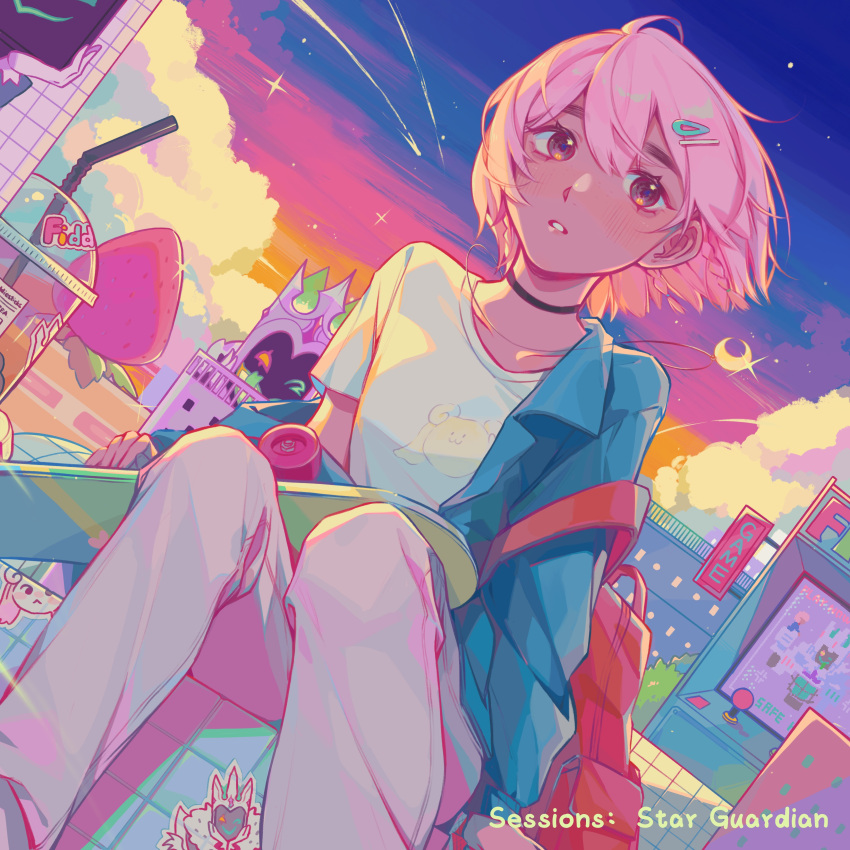 1girl absurdres arcade_cabinet bag blush building city cloud cloudy_sky collared_jacket colorful cup dark-skinned_female dark_skin denim fiddlesticks food fruit hair_ornament hairclip highres jacket jacket_removed jeans league_of_legends looking_to_the_side moon_(ornament) pants pink_eyes pink_hair ruan_chen_yue shirt short_hair sign sitting skateboard sky star_(sky) star_guardian_taliyah star_nemesis_fiddlesticks starry_sky sticker strawberry sunset t-shirt taliyah