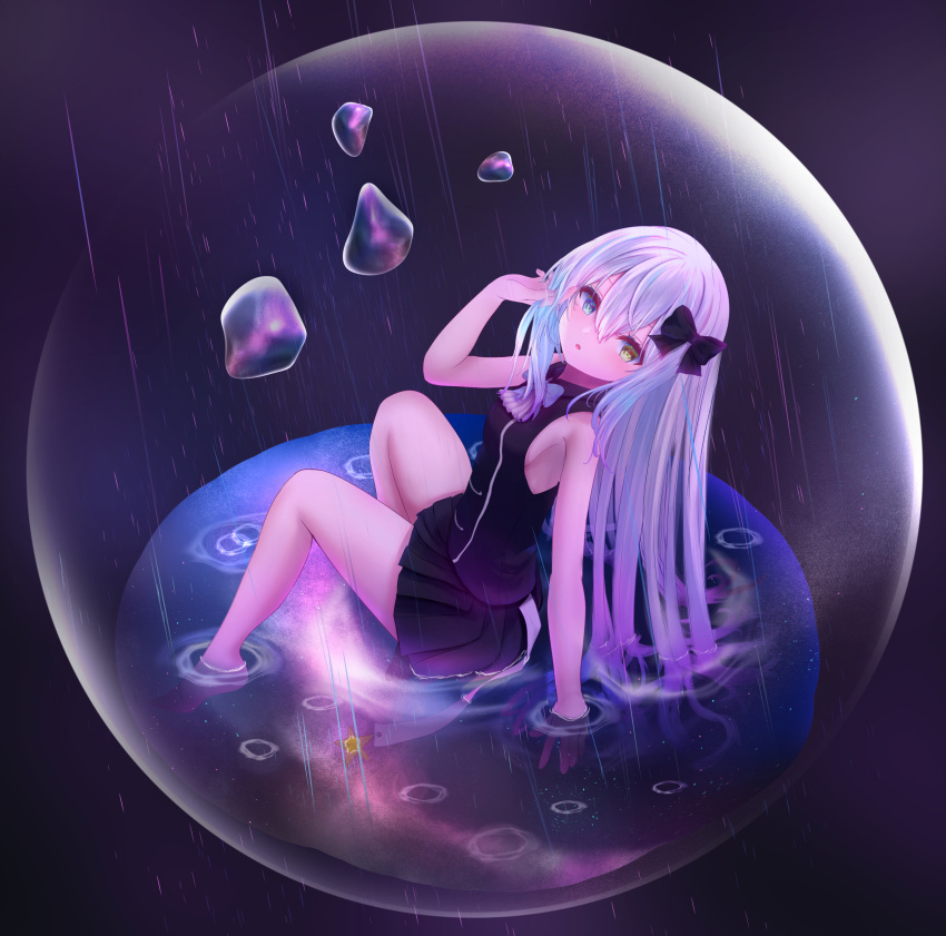 1girl absurdres arm_up ascot barefoot blue_eyes blush bow bowtie breasts charm_(object) hair_bow highres in_bubble in_container in_water knees_up long_hair looking_back may_the_apple original parted_lips partially_submerged pleated_skirt rain ripples shirt sideboob sitting skirt sleeveless sleeveless_shirt solo star_(symbol) very_long_hair water water_drop white_hair yellow_eyes