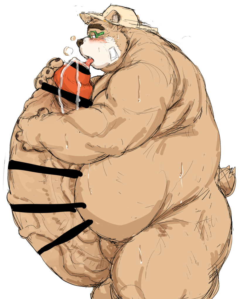 anthro balls belly big_balls big_penis blush bodily_fluids brown_body brown_fur clothing cum eyewear fur genital_fluids genitals glasses hat headgear headwear hi_res huge_balls huge_penis hyper hyper_balls hyper_genitalia hyper_penis kotobuki licking lifewonders male mammal oral overweight penile penis penis_lick sex solo straw_hat tokyo_afterschool_summoners tongue tongue_out ursid video_games volos