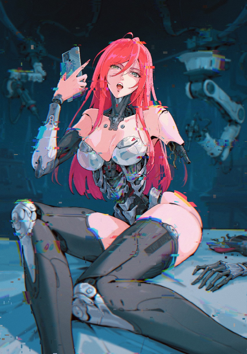 1girl absurdres cellphone cyborg damaged green_eyes highres long_hair mechanical_parts missing_limb open_mouth original phone red_hair solo ye_wenfei