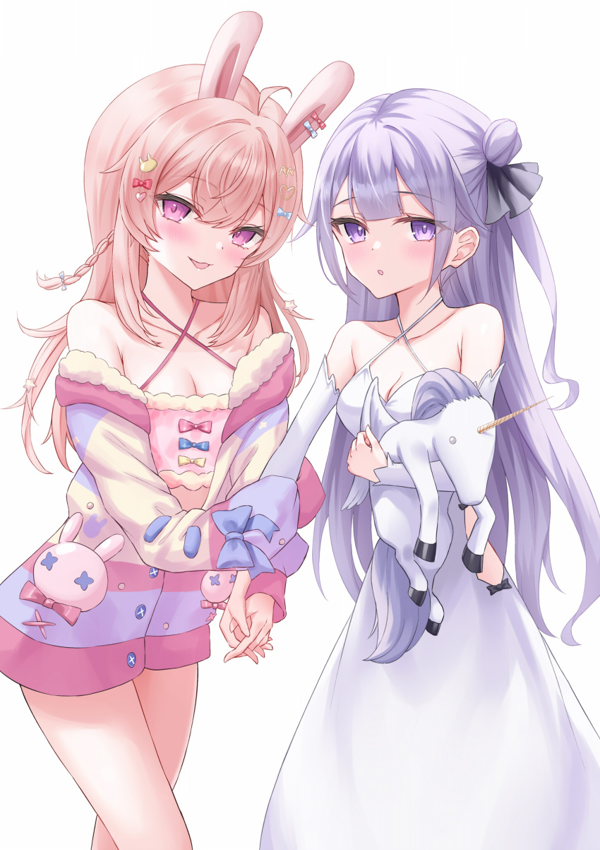 2girls :o ahoge animal_ears azur_lane bangs breasts cleavage criss-cross_halter crossover detached_sleeves dress duplicate halterneck highres holding_hands long_hair looking_at_viewer medium_breasts multiple_girls naga_(pixiv70891418) off_shoulder open_mouth phase_connect pink_eyes pink_hair pipkin_pippa pixel-perfect_duplicate purple_eyes purple_hair rabbit_ears sidelocks simple_background sleeves_past_fingers sleeves_past_wrists smile standing stuffed_winged_unicorn unicorn_(azur_lane) very_long_sleeves white_background white_dress