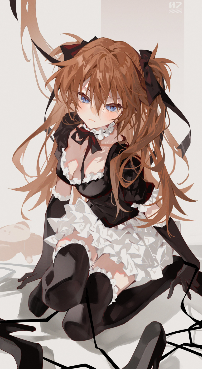 1girl absurdres arutera banned_artist black_gloves black_shorts black_thighhighs blue_eyes blush brown_ribbon choker closed_mouth dot_nose elbow_gloves eyelashes film_grain frilled_choker frilled_gloves frilled_legwear frills gloves hair_between_eyes hair_ribbon high_heels highres long_eyelashes long_hair looking_at_viewer maid neon_genesis_evangelion no_shoes orange_hair puffy_sleeves red_ribbon ribbon shoes shoes_removed shorts solo souryuu_asuka_langley stuffed_animal stuffed_monkey stuffed_toy thighhighs twintails very_long_hair