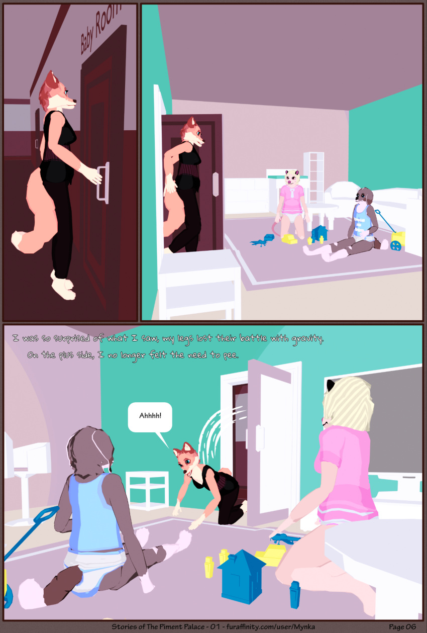 3d_(artwork) ageplay albino amphibian anthro baby_clothing canid canine canis clothed clothing clumsy comic dialogue diaper didelphid digital_media_(artwork) domestic_dog english_text falling female fox furniture group hallway hi_res hotel infantilism male mammal marsupial mynka play_room raelynn_(mynka) speech_bubble text topwear toy trans_(lore) trans_woman_(lore) trio uniform wearing_diaper work_clothes