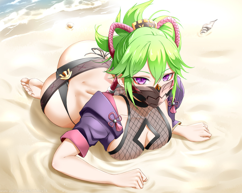 1girl ass banned_artist barefoot beach black_mask black_panties breasts cleavage feet fishnet_top fishnets genshin_impact green_eyes hair_ornament highres jacket kimmy77 kuki_shinobu looking_at_viewer lying mask mouth_mask ninja on_stomach panties ponytail purple_eyes sand seashell shell soles solo toes underwear