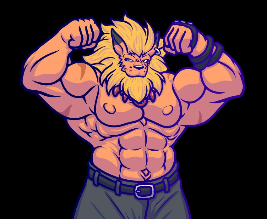 abs anthro bandai_namco biceps blonde_hair digimon digimon_(species) ear_piercing ear_ring felid flexing hair kenailykos leomon lion male mammal mane muscular muscular_anthro muscular_male nipples pantherine pecs piercing ring_piercing shirtless solo