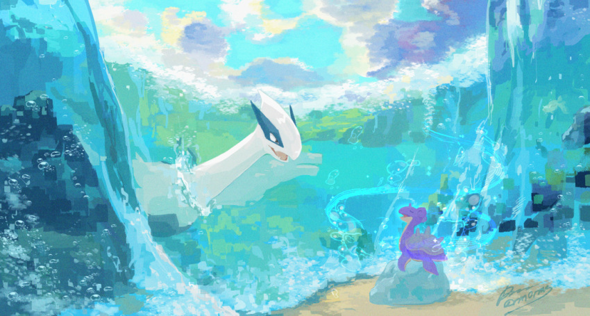 air_bubble alternate_color black_eyes bubble cloud commentary_request day lapras looking_at_another lugia no_humans open_mouth outdoors pokemon pokemon_(creature) rock sagemaru-br shiny_pokemon signature sky smile tongue water
