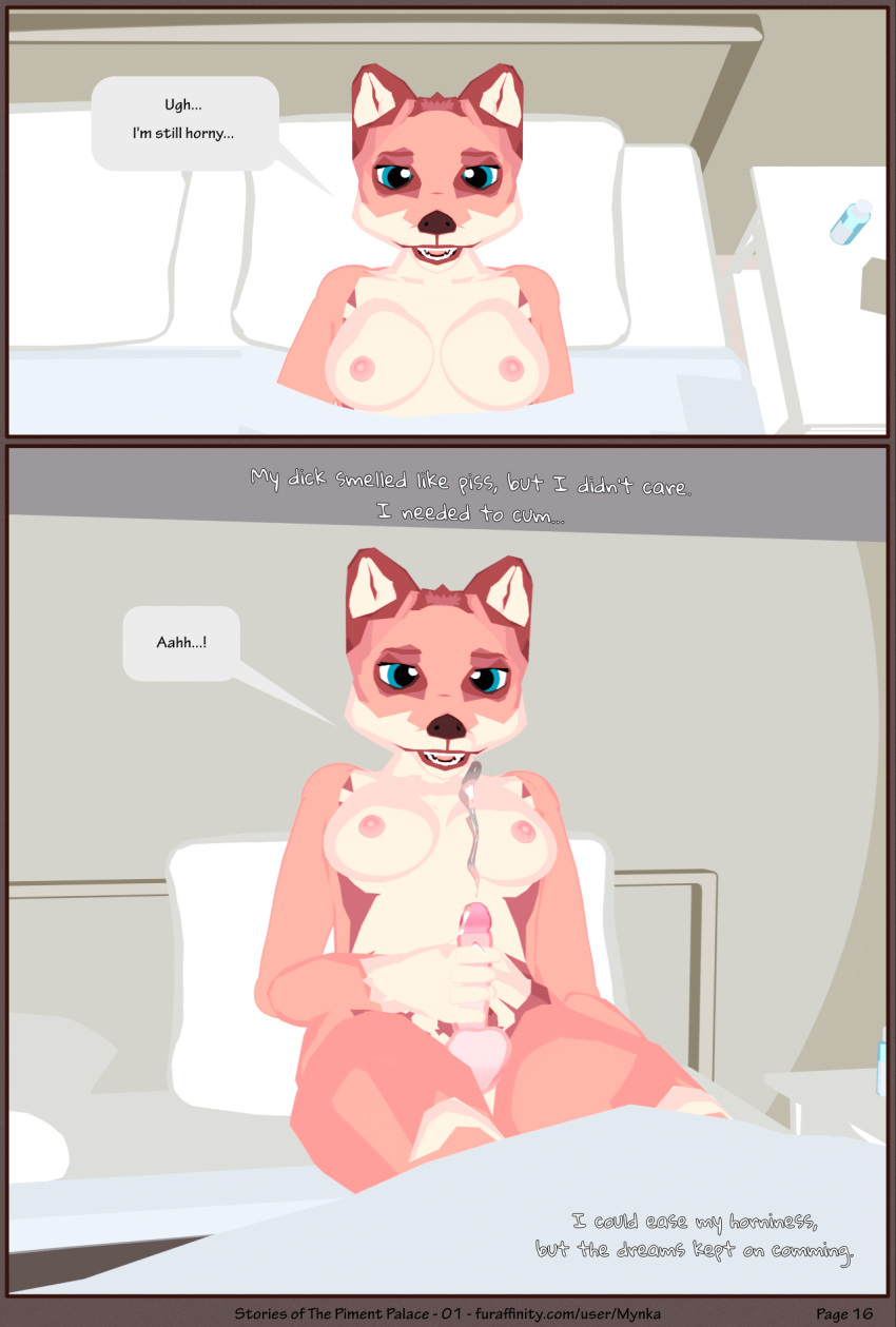 3d_(artwork) anthro balls bed bedroom bodily_fluids breasts canid canine clothing comic cum cum_on_hand cum_on_self dialogue digital_media_(artwork) ejaculation english_text erection fox furniture genital_fluids genitals gynomorph hi_res humanoid_genitalia humanoid_penis intersex lingerie looking_at_genitalia looking_at_own_penis looking_at_penis looking_at_self mammal masturbation mynka nipples nude on_bed orgasm orgasm_face peeing penile penile_masturbation penis pubes raelynn_(mynka) solo speech_bubble text trans_(lore) trans_woman_(lore) under_covers urine waking_up