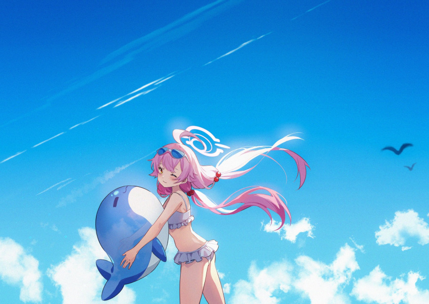 1girl ahoge bare_shoulders bikini bird blue-tinted_eyewear blue_archive blue_sky closed_mouth cloud contrail cowboy_shot eyewear_on_head frilled_bikini frills hair_blowing hair_bobbles hair_ornament halo head_tilt heterochromia highres holding hoshiko_(419401x) hoshino_(blue_archive) hoshino_(swimsuit)_(blue_archive) inflatable_toy inflatable_whale light_blush long_hair looking_at_viewer low_twintails official_alternate_costume outdoors pink_hair sky smile solo standing summer sunglasses swimsuit tinted_eyewear transparent twintails white_bikini wide_shot yellow_eyes