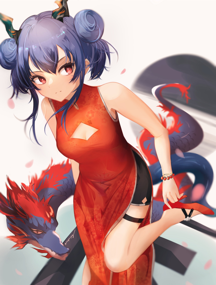 1girl absurdres arknights bare_shoulders bead_bracelet beads black_shorts blue_hair bracelet breasts ch'en_(arknights) ch'en_the_holungday_(arknights) china_dress chinese_clothes cleavage double_bun dragon dragon_girl dragon_horns dragon_tail dress eastern_dragon foot_out_of_frame fur-tipped_tail gupipy hair_bun high_heels highres horns jewelry leg_up medium_hair official_alternate_costume red_dress red_eyes red_footwear shorts sidelocks simple_background sleeveless sleeveless_dress small_breasts solo split_mouth standing standing_on_one_leg tail white_background