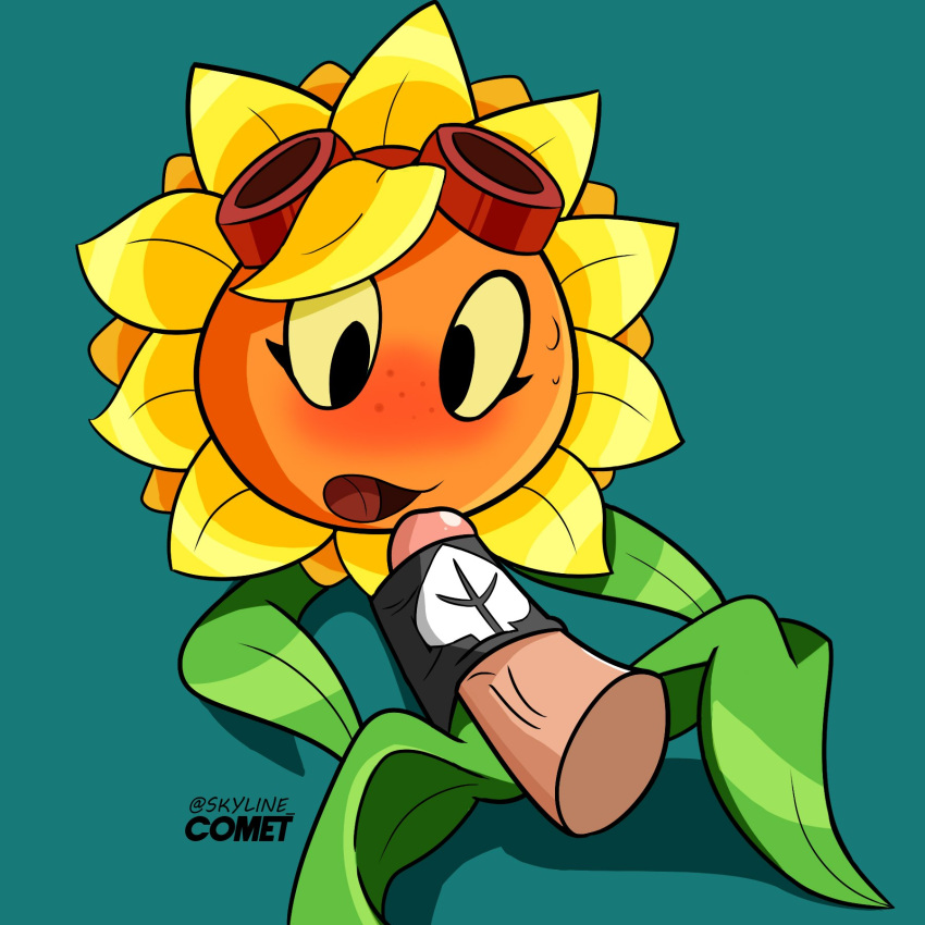 anthro blush clothed clothing digital_media_(artwork) electronic_arts elemental_creature eyewear eyewear_on_head female flora_fauna flower flower_creature goggles goggles_on_head hi_res not_furry open_mouth penis_under_shirt plant plants_vs._zombies plants_vs._zombies_heroes popcap_games simple_background skyline_comet solar_flare_(pvz) sunflower_(pvz) vein video_games