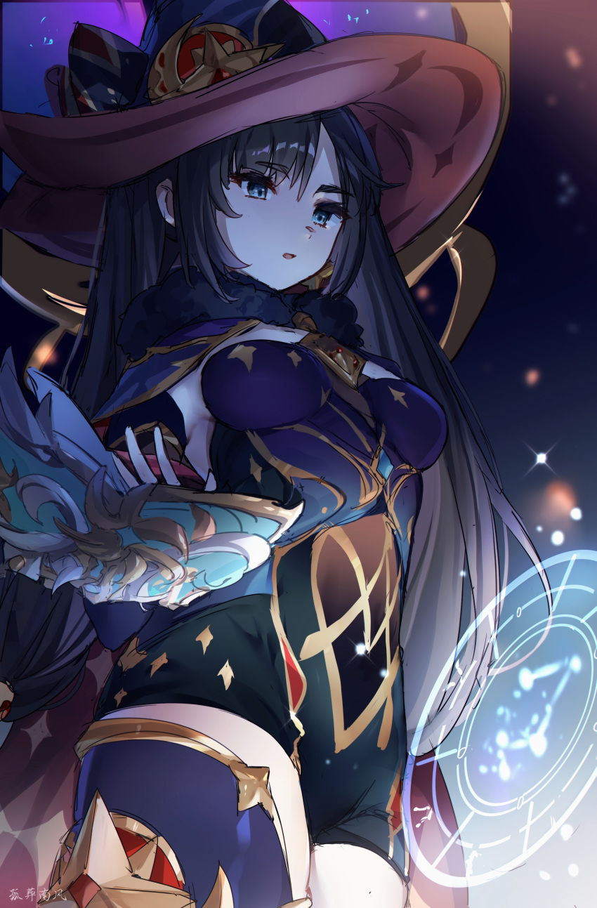 1girl absurdres blue_eyes book breasts brooch cape fur_collar genshin_impact gold_trim guzangnanfeng hat highres jewelry long_hair magic_circle mona_(genshin_impact) mona_(pact_of_stars_and_moon)_(genshin_impact) multicolored_leotard official_alternate_costume parted_lips sidelocks small_breasts solo sparkle_print thighhighs thighlet twintails witch_hat