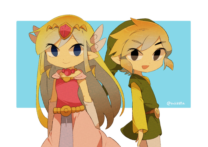 1boy 1girl artist_name back belt blonde_hair blue_eyes blush dress floating_hair gloves green_headwear jewelry link long_hair looking_at_viewer multicolored_hair necklace pink_dress princess_zelda the_legend_of_zelda the_legend_of_zelda:_spirit_tracks the_legend_of_zelda:_the_wind_waker tiara tokuura toon_link toon_zelda