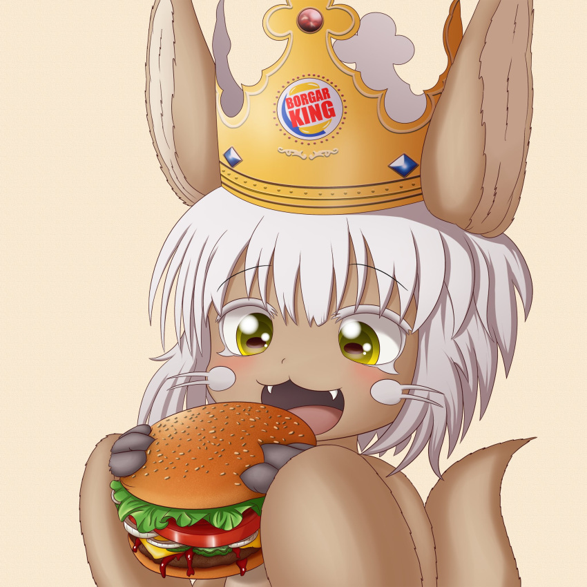 1other :3 androgynous animal_ears burger burger_king eating fangs food furry highres holding holding_food horizontal_pupils ketchup lettuce looking_at_food made_in_abyss nanachi_(made_in_abyss) open_mouth other_focus paper_crown rabbit_ears smugbuns solo tail tomato_slice whiskers white_hair yellow_background yellow_eyes