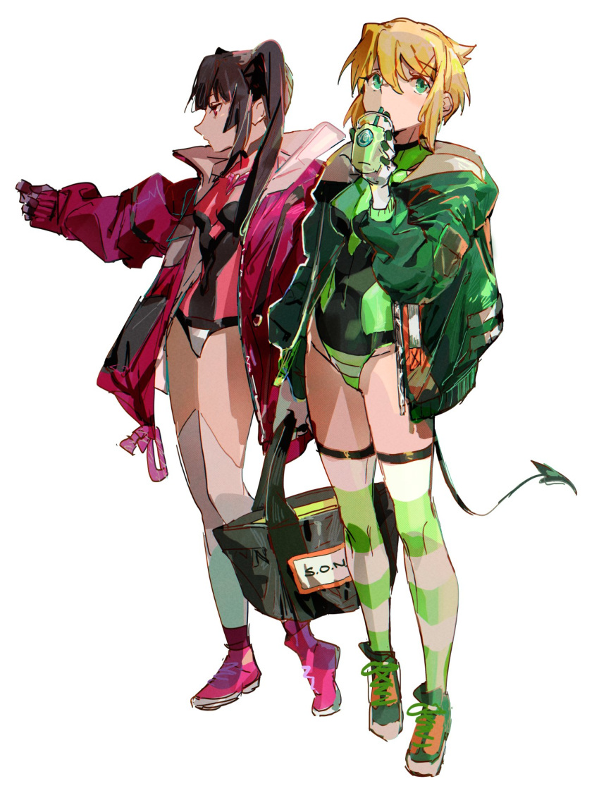 2girls akatsuki_kirika black_hair breasts cup drinking_straw_in_mouth green_eyes green_jacket green_leotard green_thighhighs highres holding holding_cup jacket leaning_back leotard medium_breasts multiple_girls pink_leotard purple_jacket red_eyes senki_zesshou_symphogear short_hair small_breasts standing thighhighs thundergotch tsukuyomi_shirabe twintails