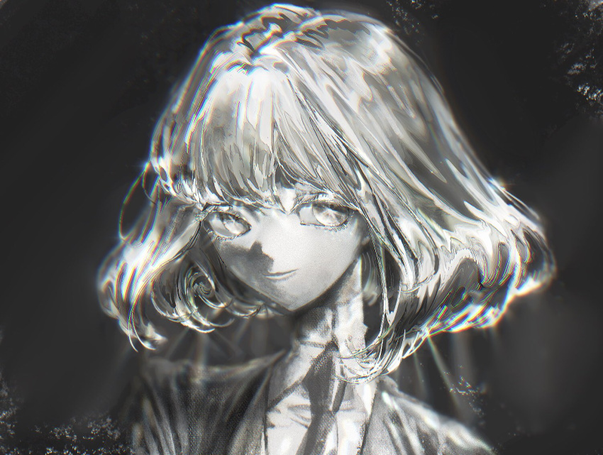 1other androgynous bangs bob_cut closed_mouth commentary crystal crystal_hair diamond_(gemstone) diamond_(houseki_no_kuni) eyelashes formal gem_uniform_(houseki_no_kuni) gyakumushi houseki_no_kuni looking_at_viewer monochrome necktie other_focus portrait short_hair simple_background smile solo sparkle suit symbol-only_commentary