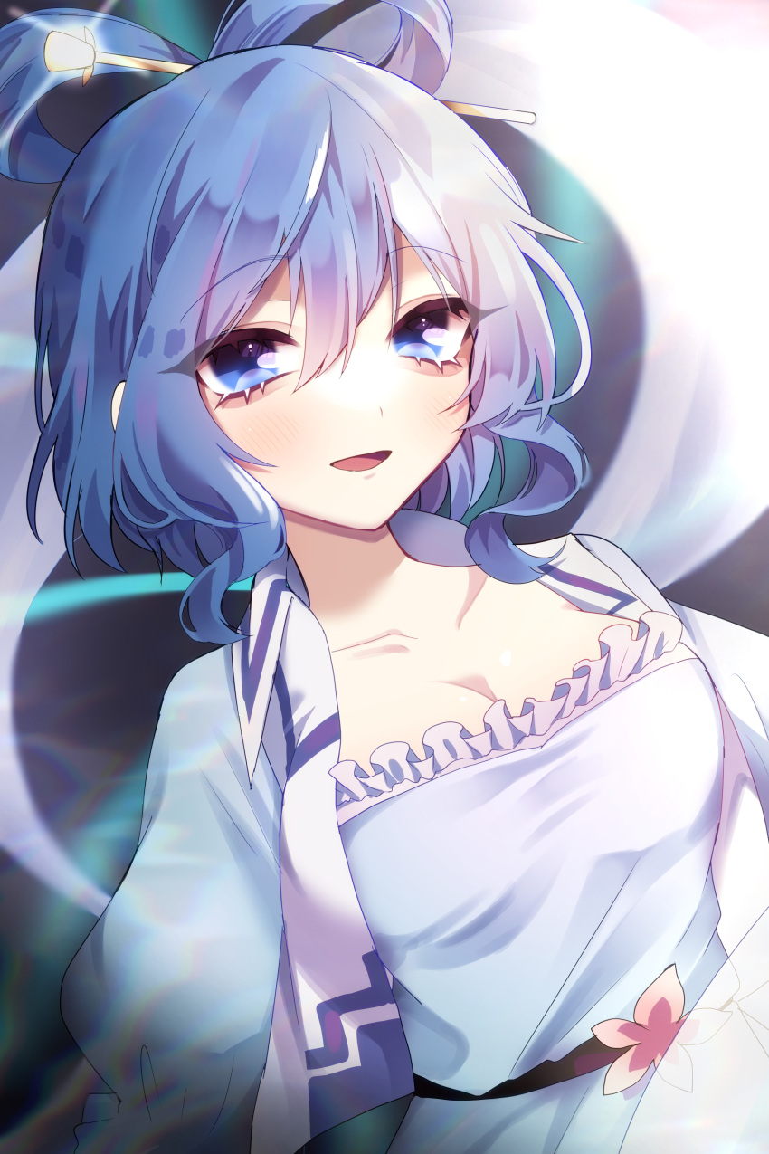 1girl :d ?_(spsp2323) absurdres blue_eyes blue_hair breasts cleavage dress hair_ornament hair_rings hair_stick highres kaku_seiga looking_at_viewer open_mouth puffy_sleeves shawl short_hair smile solo touhou upper_body vest white_vest