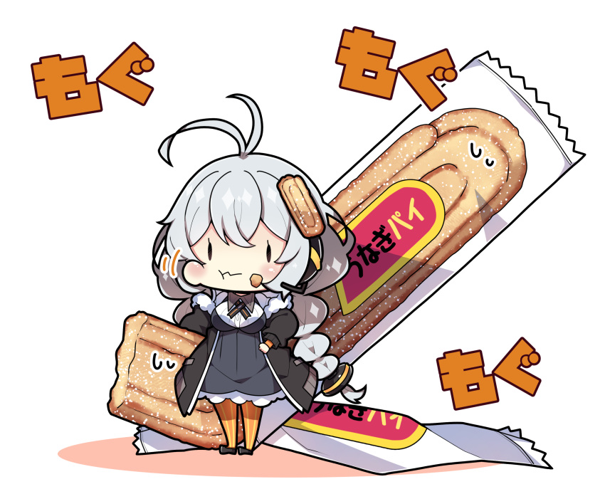 1girl antenna_hair black_dress braid chibi closed_mouth dress eating food food_on_face full_body grey_hair hair_between_eyes highres kizuna_akari long_hair long_sleeves milkpanda orange_thighhighs solo striped striped_legwear thighhighs twin_braids vertical-striped_legwear vertical_stripes voiceroid