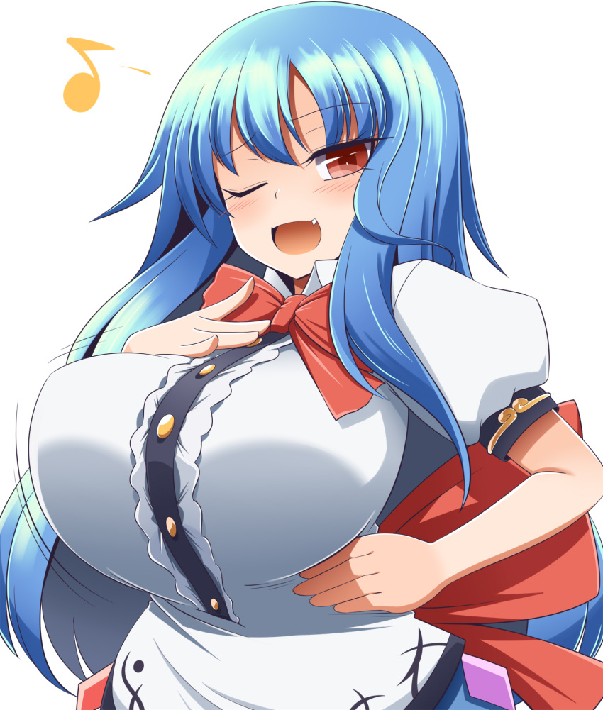 1girl alternate_costume blouse blue_hair breasts buttons fang fangs frills highres hinanawi_tenshi large_breasts long_hair puffy_short_sleeves puffy_sleeves red_eyes shirt short_sleeves simple_background solo touhou white_background white_shirt xialu_zajin