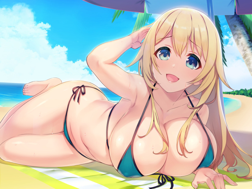 1girl :d aqua_bikini aqua_eyes bare_legs beach beach_umbrella bikini blonde_hair blue_sky breasts cleavage day front-tie_bikini front-tie_top halterneck highres horizon huge_breasts long_hair looking_at_viewer lying navel non-web_source original side-tie_bikini sidelocks sky smile solo sweat swimsuit thighs umbrella umiharu