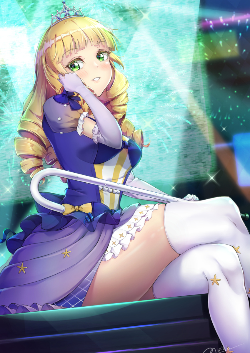 1girl adjusting_hair bangs blonde_hair blunt_bangs blush breasts commentary_request crossed_legs dress drill_hair elbow_gloves gloves green_eyes hand_in_own_hair heanna_sumire highres long_hair love_live! love_live!_superstar!! medium_breasts novady parted_lips puffy_short_sleeves puffy_sleeves purple_dress purple_gloves short_sleeves signature sitting smile solo thighhighs thighs tiara white_thighhighs zettai_ryouiki