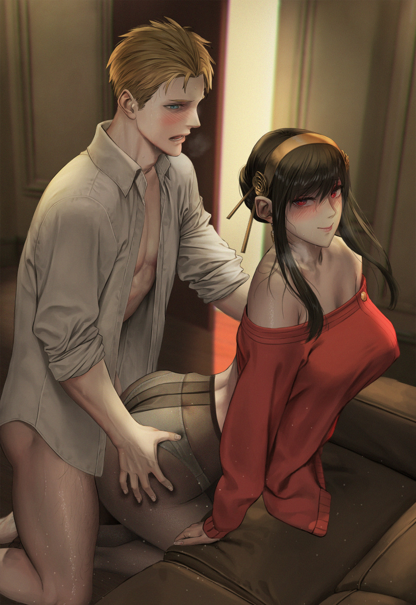 1boy 1girl all_fours ass ass_grab bare_shoulders bent_over black_hair blonde_hair blue_eyes blush breasts clothed_sex collared_shirt couch doggystyle hetero highres husband_and_wife indoors jeneral large_breasts off-shoulder_sweater off_shoulder on_couch open_mouth panties pantyhose red_eyes red_sweater see-through see-through_legwear sex shirt sidelocks smile spy_x_family sweat sweater twilight_(spy_x_family) underwear white_panties yor_briar