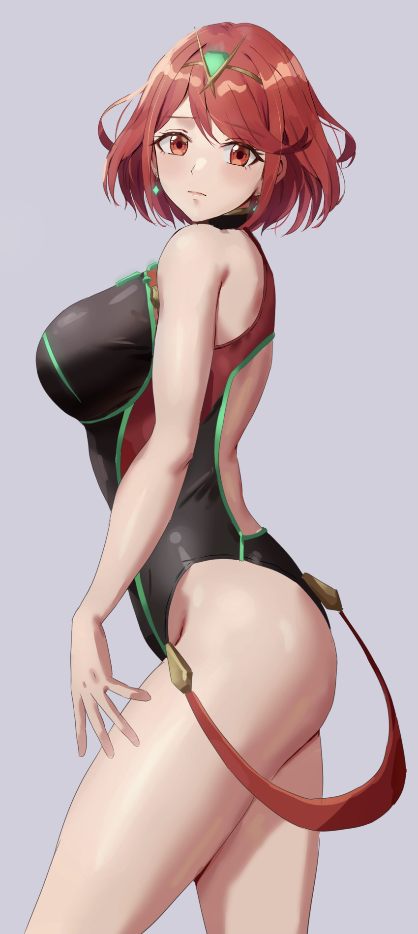 1girl absurdres amayo_thranana back_cutout bangs black_swimsuit breasts chest_jewel closed_mouth clothing_cutout drop_earrings earrings from_side green_swimsuit highres jewelry large_breasts looking_at_viewer multicolored_clothes multicolored_swimsuit one-piece_swimsuit pyra_(pro_swimmer)_(xenoblade) pyra_(xenoblade) red_eyes red_hair red_swimsuit short_hair simple_background solo swept_bangs swimsuit tiara xenoblade_chronicles_(series) xenoblade_chronicles_2